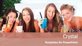  Presentation with sun tanning - Presentation theme featuring four woman lying in the sand on the beach drinking fancy cocktails and tanning in the sun background and a coral colored foreground