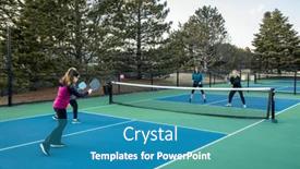  Presentation with volley - Presentation featuring four-women-pickleball-players-volley background and a teal colored foreground