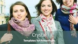  Presentation with walking together - Amazing presentation theme having four women walking along the street together backdrop and a ocean colored foreground