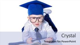  Presentation with academic - Slides enhanced with four year old boy in white shirt a big tie academic hat and big glasses lying on a floor with a book educational concept background and a light blue colored foreground