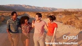  Presentation with walking - Slides enhanced with four young adult friends walking background and a coral colored foreground