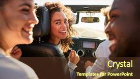  Presentation with road trip - Amazing PPT theme having turn time - four young adult friends backdrop and a tawny brown colored foreground