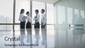  Presentation with young business people - Audience pleasing slide set consisting of four young business people standing backdrop and a light blue colored foreground