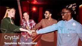  Presentation with four elements of the - Slide deck featuring four-young-cheerful-intercultural-friends background and a tawny brown colored foreground