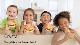  Presentation with young children - PPT theme having four young children eating cheeseburgers background and a coral colored foreground