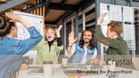  Presentation with new office - PPT theme consisting of four-young-excited-intercultural-designers background and a mint green colored foreground