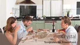  Presentation with dinner - Beautiful PPT layouts featuring four young friends enjoying a dinner at home backdrop and a coral colored foreground