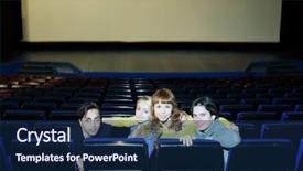  Presentation with theater - Theme consisting of four young friends sit on seats in cinema theater and turn around back background and a navy blue colored foreground