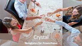  Presentation with toasting - Amazing slide deck having four young friends toasting while having a dinner at home backdrop and a coral colored foreground