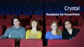  Presentation with movie theater - PPT theme enhanced with four young happy friends sit on seats in cinema theater and see movie background and a navy blue colored foreground
