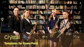  Presentation with wind instruments - Presentation theme with four young pretty women pose with wind instruments in room with bookshelves background and a tawny brown colored foreground