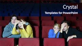  Presentation with movie theater - Beautiful slides featuring four young scared friends see backdrop and a navy blue colored foreground