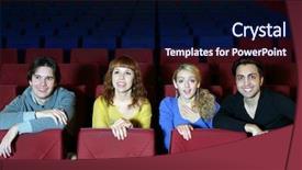  Presentation with movie theater - Slide deck consisting of four young smiling friends sit on seats in cinema theater and see movie background and a navy blue colored foreground