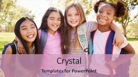  Presentation with school trip - PPT layouts having four young smiling schoolgirls background and a soft green colored foreground