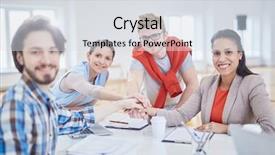  Presentation with employees - Presentation having four young successful employees making background and a  colored foreground