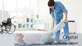  Presentation with rehabilitation - Presentation theme having fracture - senior disabled man with young background and a light blue colored foreground