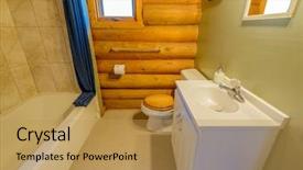  Presentation with log cabin - Theme having fragment of a luxury bathroom in log cabin or cottage background and a yellow colored foreground