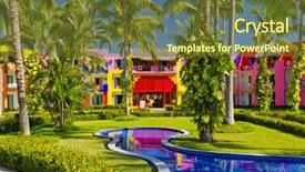  Presentation with luxury resort - PPT theme having fragment of a luxury resort with pool and beautiful garden background and a tawny brown colored foreground