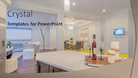  Presentation with clean house - Presentation theme consisting of fragment of a modern bright clean kitchen interior with stainless steel appliances in a luxury house background and a light gray colored foreground