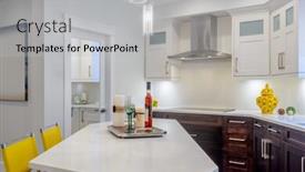 Presentation with clean house - Presentation with fragment of a modern bright clean kitchen interior with stainless steel appliances in a luxury house background and a light gray colored foreground