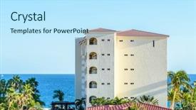  Presentation with palm - Audience pleasing PPT layouts consisting of fragment of a resort building with palm trees over blue sea or ocean backdrop and a sky blue colored foreground