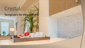  Presentation with clean house - Colorful PPT theme enhanced with fragment of modern bright clean kitchen interior in a luxury house backdrop and a coral colored foreground