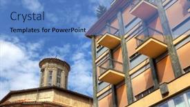  Presentation with old church building - Theme enhanced with fragment of modern building standing near old church in alba northern italy background and a teal colored foreground