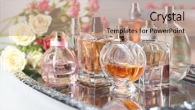  Presentation with fragrance - PPT theme featuring fragrance - metal tray with perfume bottles background and a coral colored foreground