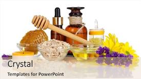  Presentation with oils - Cool new slide set with fragrant honey spa with oils and honey isolated on white backdrop and a lemonade colored foreground