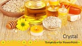  Presentation with oils - Presentation with fragrant honey spa with oils and honey on wooden table close-up background and a yellow colored foreground