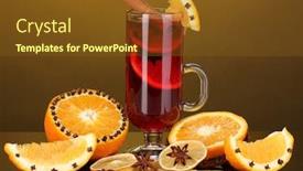  Presentation with fragrant - Cool new slide deck with fragrant mulled wine in glass with spices and oranges around on yellow background backdrop and a tawny brown colored foreground