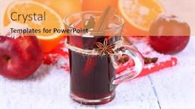  Presentation with fragrant - PPT layouts having fragrant mulled wine in glass on snow close-up background and a yellow colored foreground