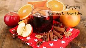  Presentation with fragrant - Presentation consisting of fragrant mulled wine in glass on napkin close-up background and a yellow colored foreground