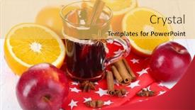  Presentation with fragrant - Slide set with fragrant mulled wine in glass on napkin and wooden table close-up background and a yellow colored foreground