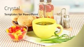  Presentation with fragrant - PPT theme featuring fragrant soup in cup on table in kitchen background and a lemonade colored foreground