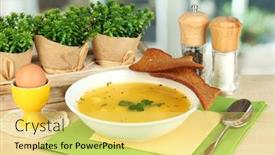  Presentation with fragrant - Cool new slides with fragrant soup in white plate on table on window background close-up backdrop and a yellow colored foreground