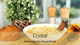  Presentation with fragrant - Amazing PPT layouts having fragrant soup in white plate on table on window background close-up backdrop and a yellow colored foreground