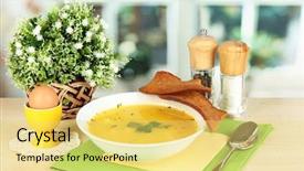  Presentation with fragrant - Colorful presentation theme enhanced with fragrant soup in white plate on table on window background close-up backdrop and a yellow colored foreground