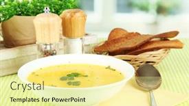  Presentation with fragrant - Colorful presentation theme enhanced with fragrant soup in white plate on green tablecloth on window background close-up backdrop and a blonde colored foreground