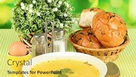  Presentation with green plate - Presentation having fragrant-soup-in-white-plate background and a yellow colored foreground