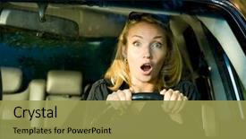  Presentation with driving - PPT layouts consisting of fraight transport - fright face of woman driving background and a yellow colored foreground