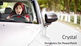  Presentation with woman car driver map - Audience pleasing slide set consisting of fraight transport - young woman stopping the car backdrop and a white colored foreground