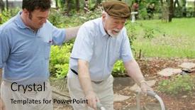  Presentation with elderly people walking difficulties - Presentation design with frailty - middle aged son walking beside background and a coral colored foreground