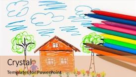  Presentation with abstract art - Presentation having cartoons frame - child's drawing and pens background and a yellow colored foreground