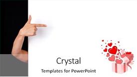  Presentation with poster on white wall above - Slides enhanced with frame gift - woman hand pointing to white background and a  colored foreground