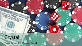  Presentation with poker chips - Cool new PPT theme with frame made of poker chips playing cards and dollars on the blue background close-up backdrop and a seafoam green colored foreground