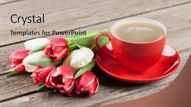  Presentation with coffee cup - Amazing presentation theme having frame thank - colorful tulips bouquet and coffee backdrop and a mint green colored foreground