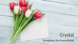  Presentation with greeting card - Audience pleasing theme consisting of frame thank - colorful tulips bouquet on wooden backdrop and a sky blue colored foreground