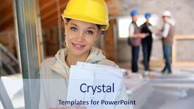  Presentation with professional training - Presentation design enhanced with framework - young woman in construction professional background and a sky blue colored foreground