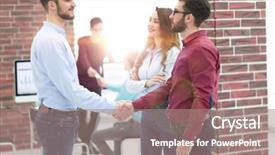  Presentation with shaking hands - Beautiful theme featuring franchising business - smiling businessman shaking hands backdrop and a coral colored foreground